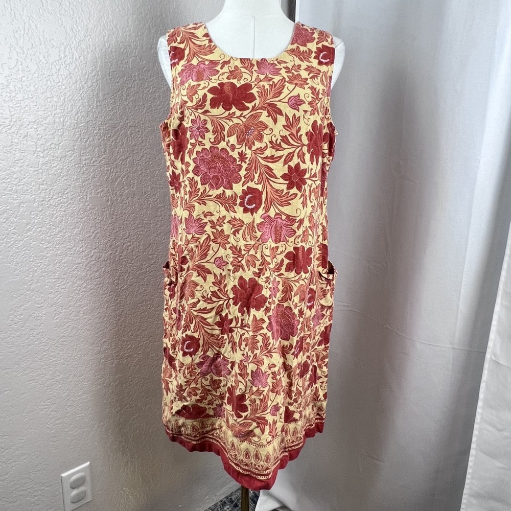 Vintage Y2K Shift Dress Womens Large Floral Linen Blend Pockets Boho Cottagecore